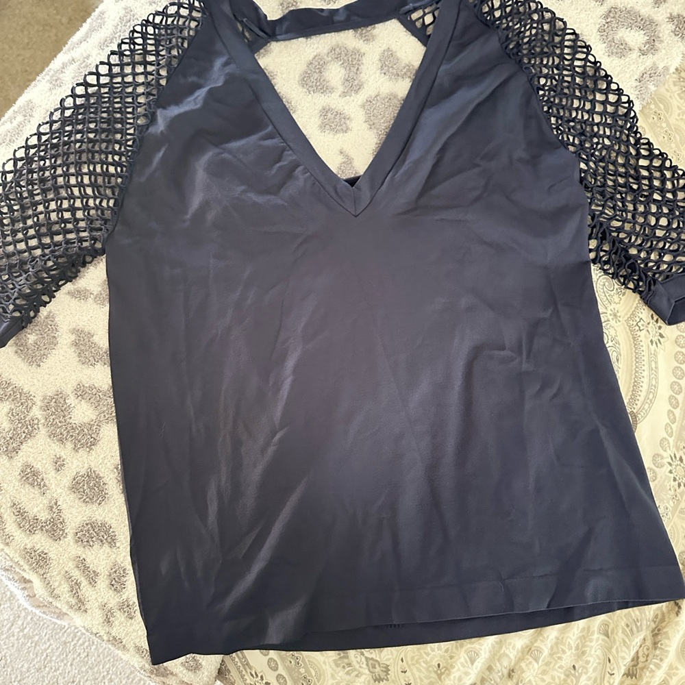 VENUS Navy V-Neck Blouse with Mesh Sleeves